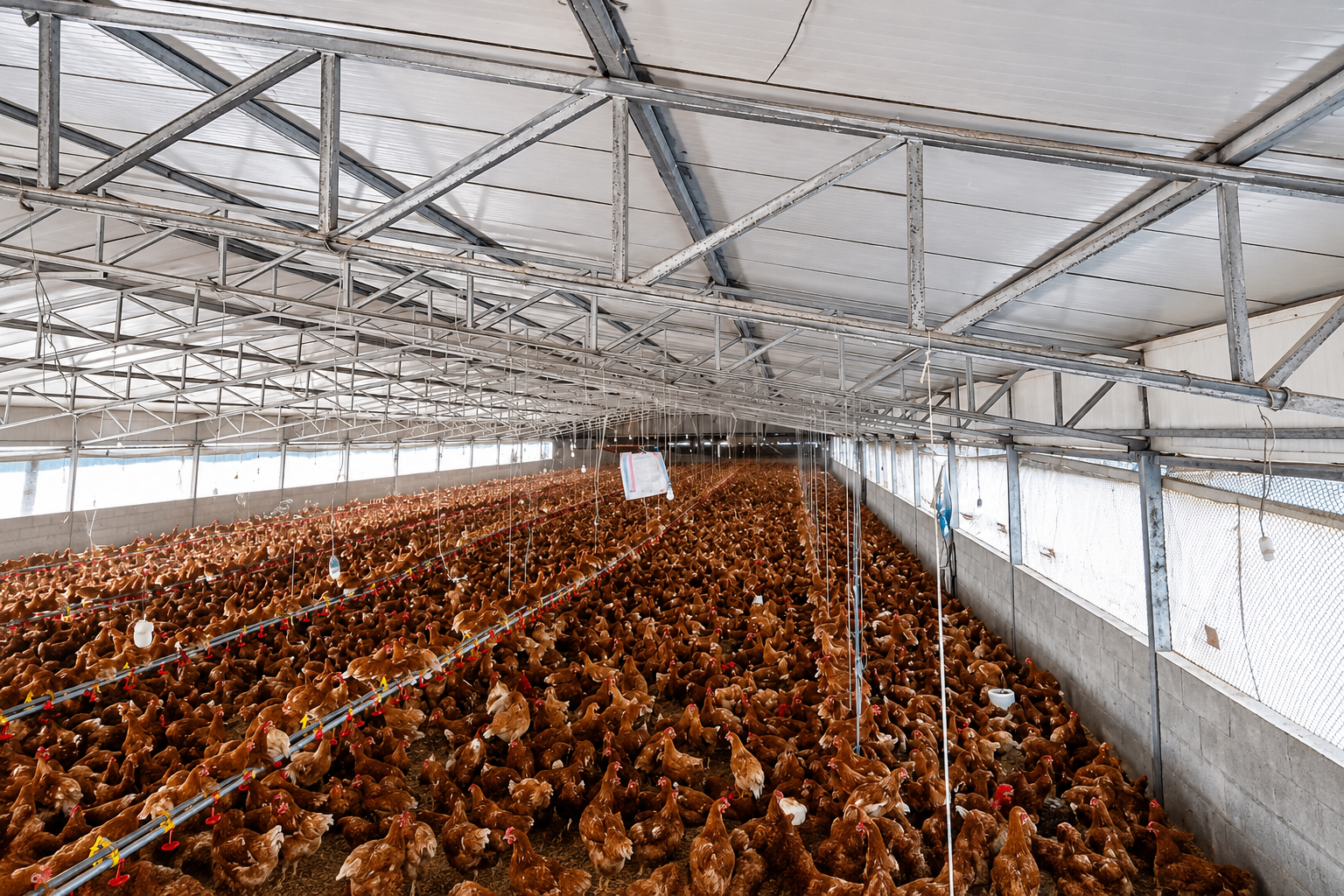 Wide view of a structured poultry production space showing organized farm operations.