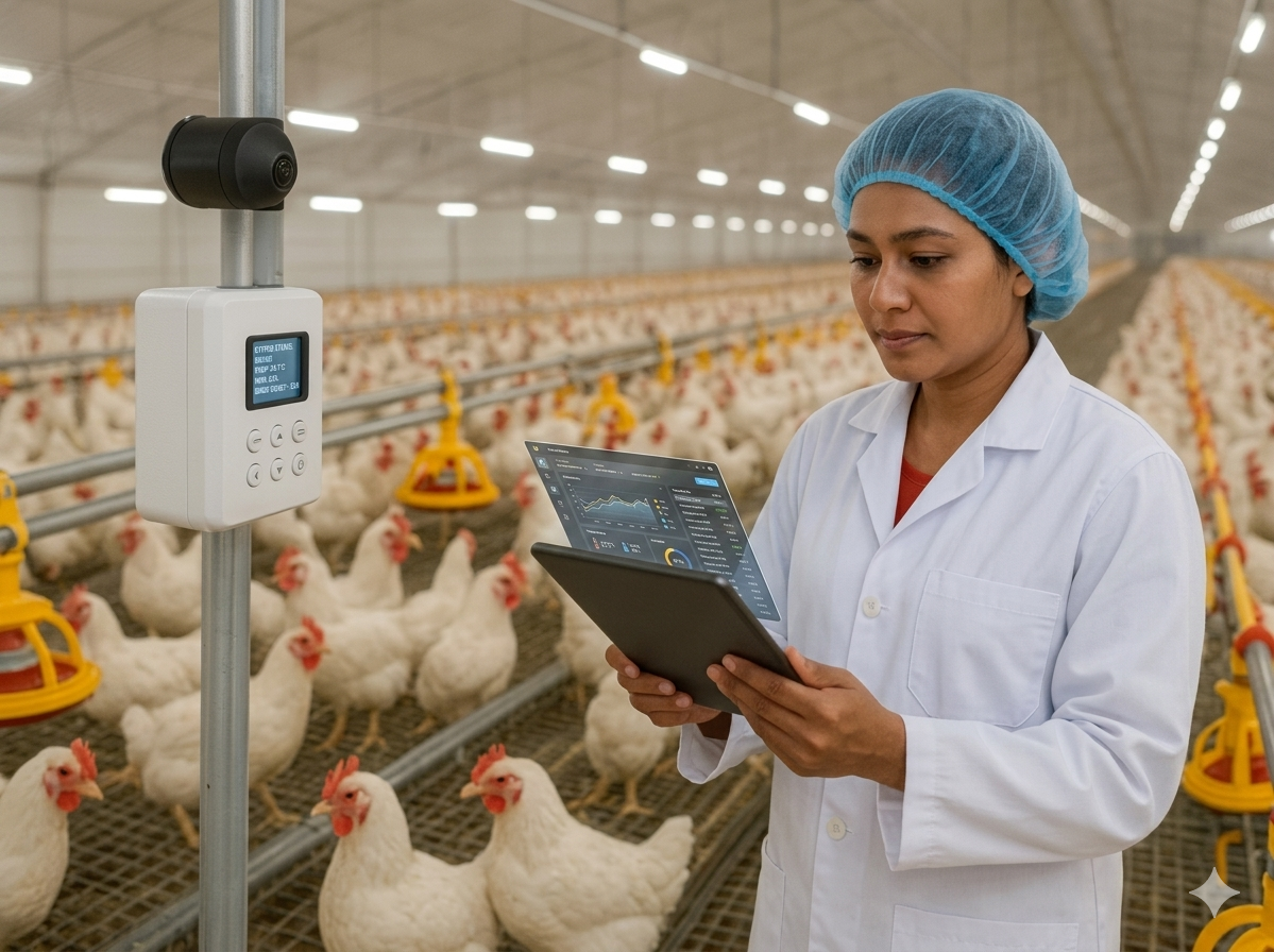 Technician using a tablet to monitor digital production controls inside a modern poultry farm.